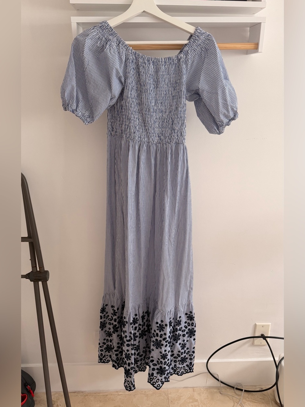 Zara Striped Puff-Sleeve Maxi Dress with Floral Hem - Blue
